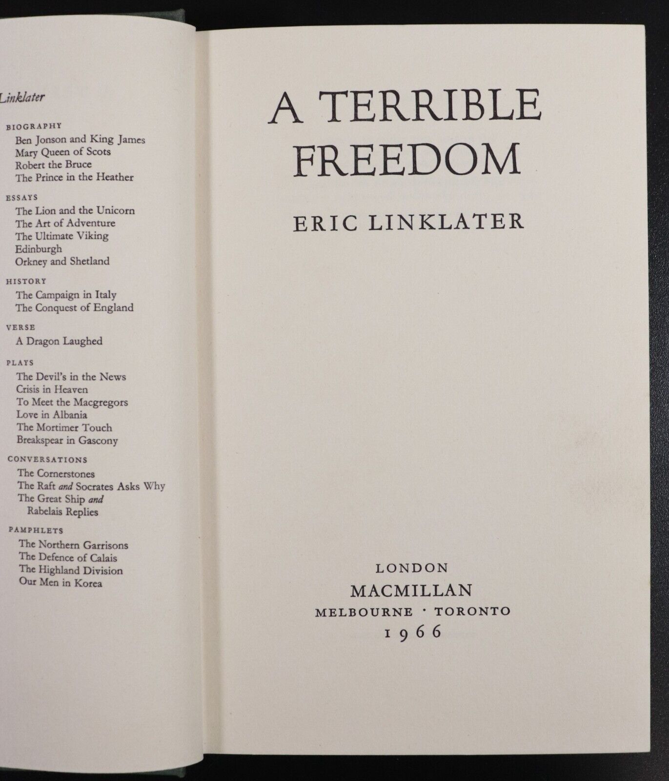 1966 A Terrible Freedom by Eric Linklater Vintage Fiction Book 1st Edition - 0