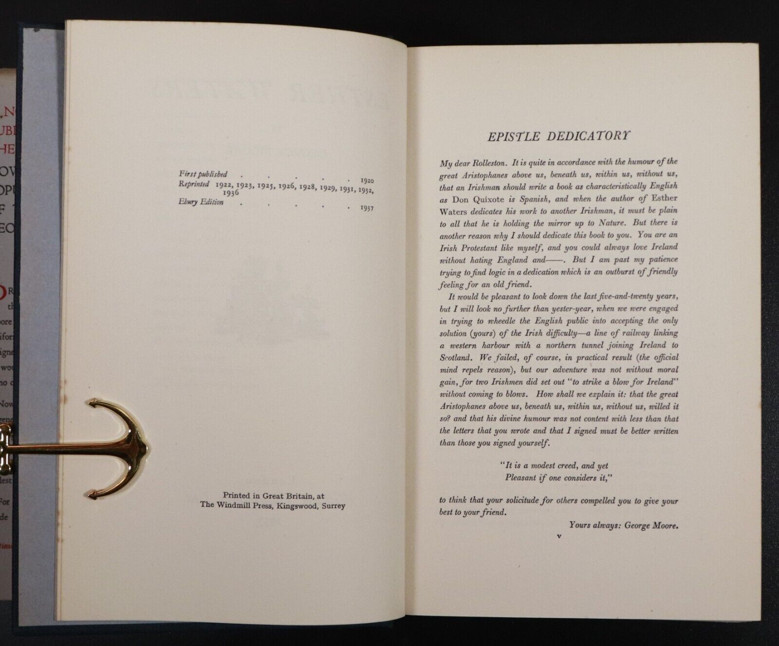 1937 Works Of George Moore: Esther Waters Antique Fiction Book The Ebury Edition
