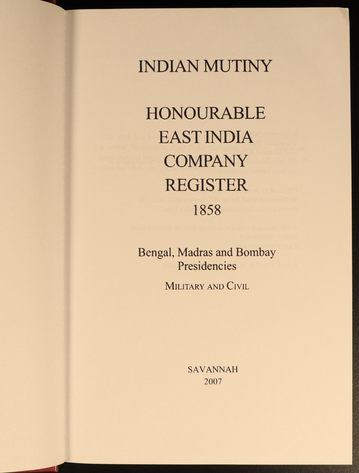 Indian Mutiny East India Company Register 1858 Military History Book Savannah
