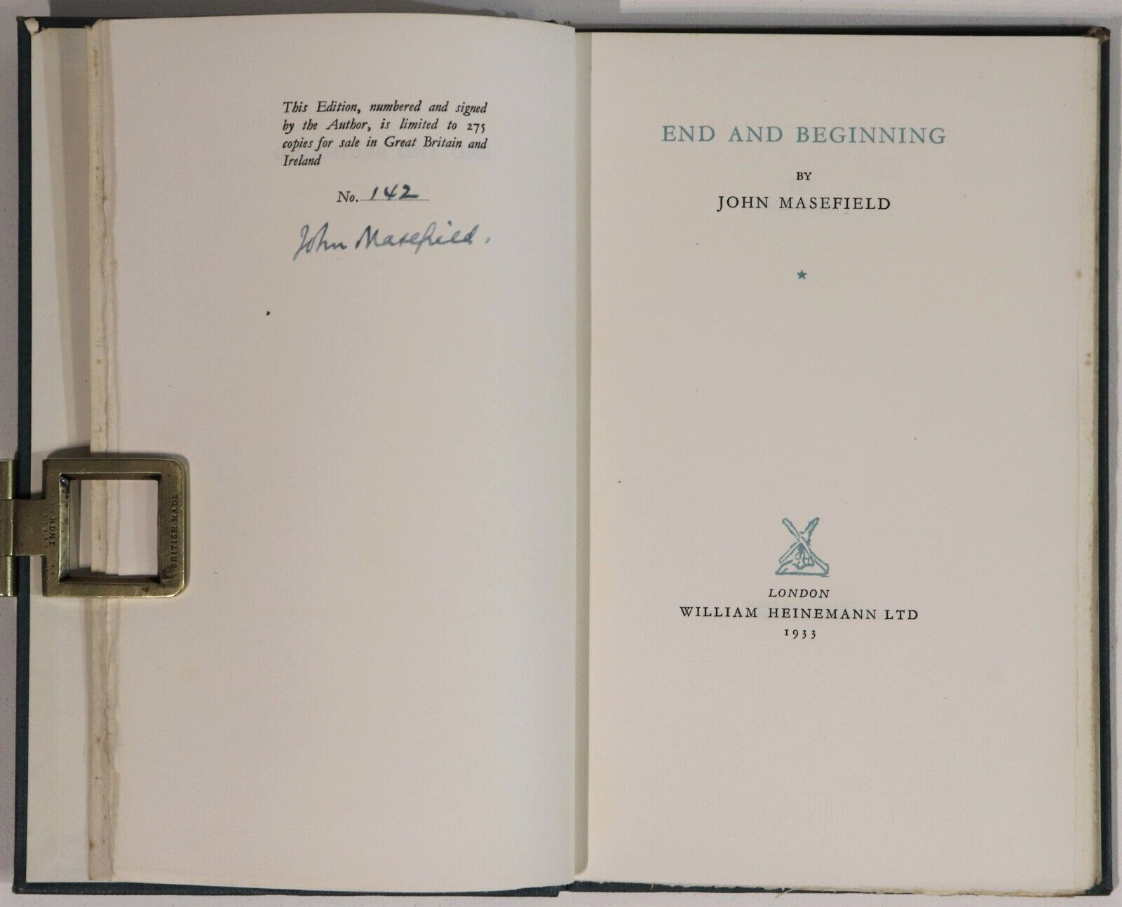 1933 End & Beginning by John Masefield Ltd Ed. British Fiction Antique Book