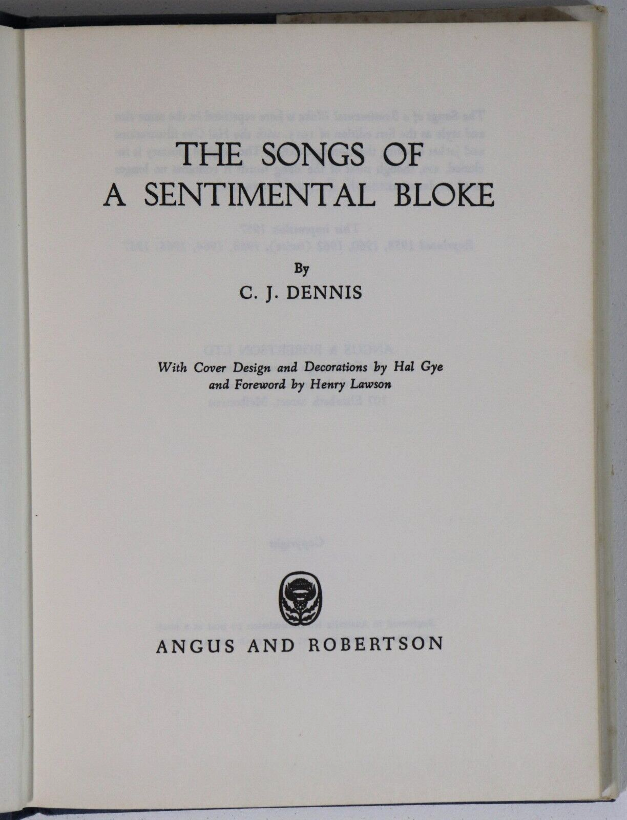1967 Songs Of A Sentimental Bloke by CJ Dennis Australian Literature Book