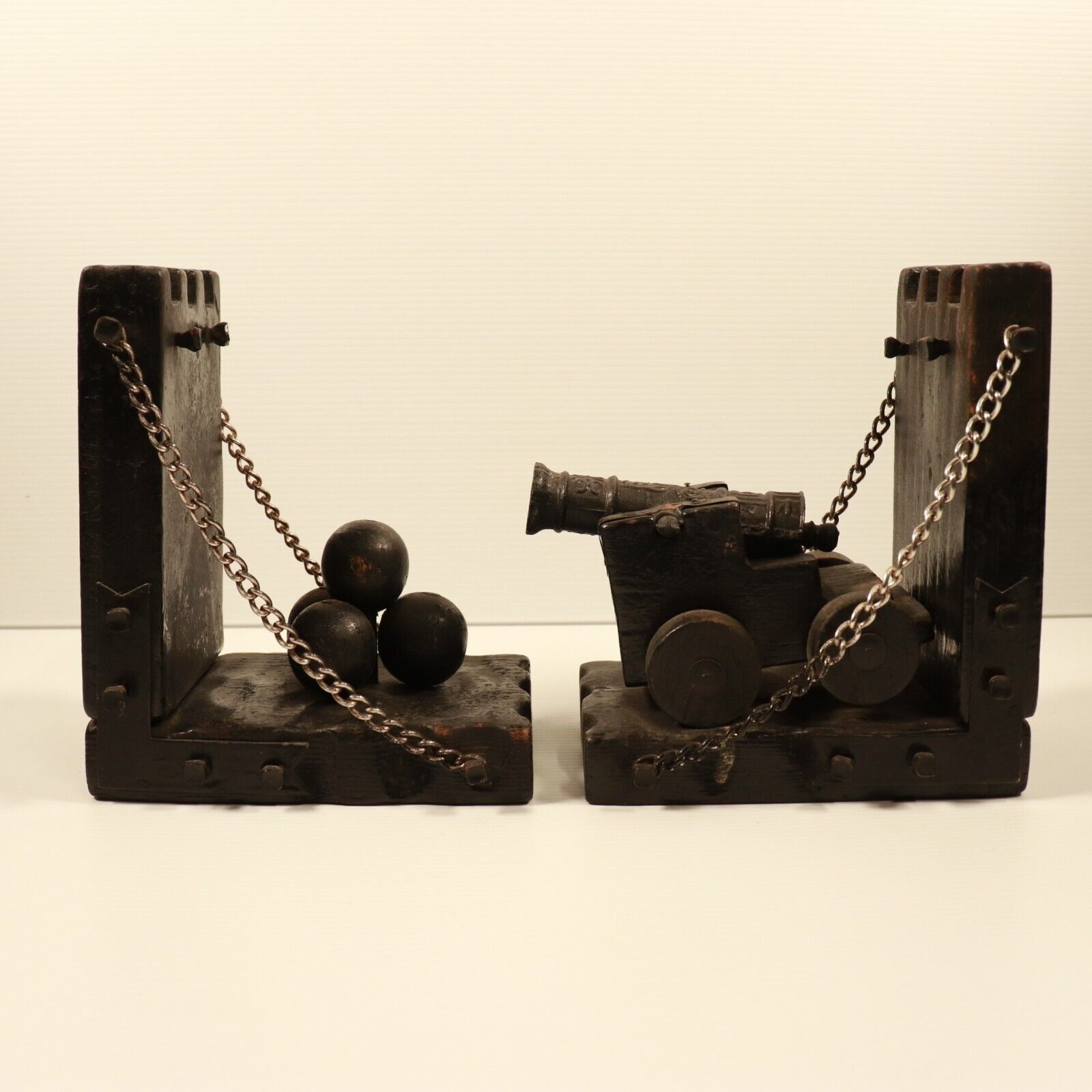 c1960's Military or Medieval Themed Bookends Vintage Wooden & Cast Bookends