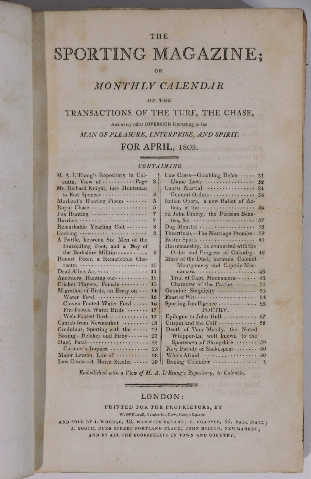 1803 The Sporting Magazine: Monthly Calendar Antique British Sport History Book