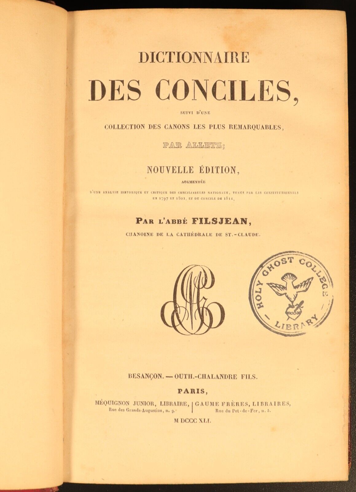 1841 Dictionnaire Des Conciles Par Filsjean Antiquarian French Theology Book