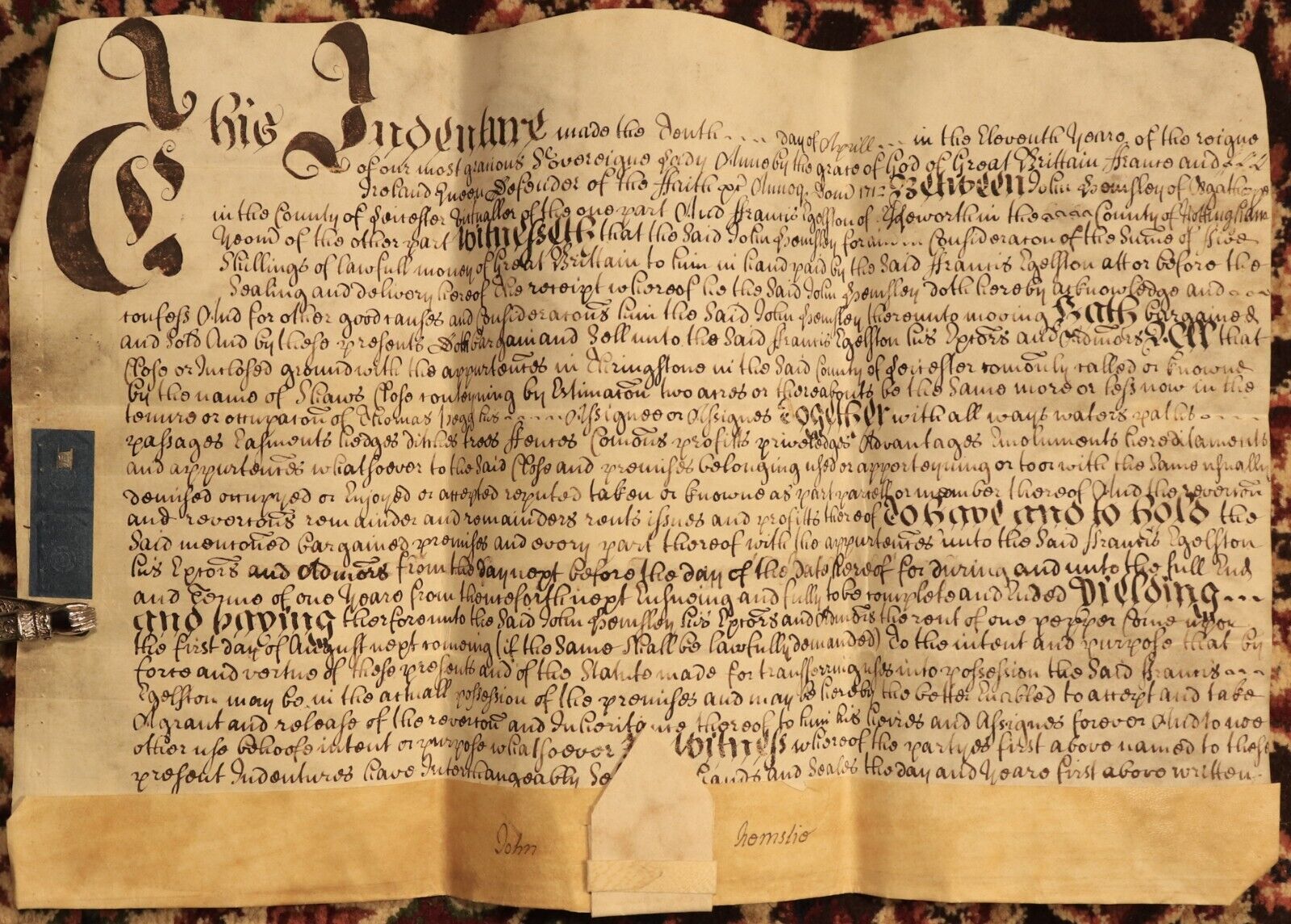 1712 Indenture Conveyance English Legal Document Manuscript Vellum Lease 10th
