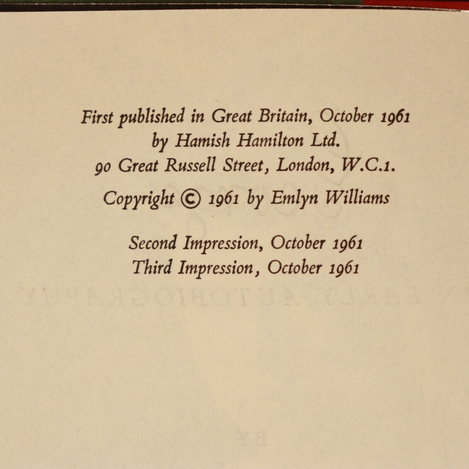 1961 George: An Early Autobiography by Emlyn Williams Welsh Literature Book