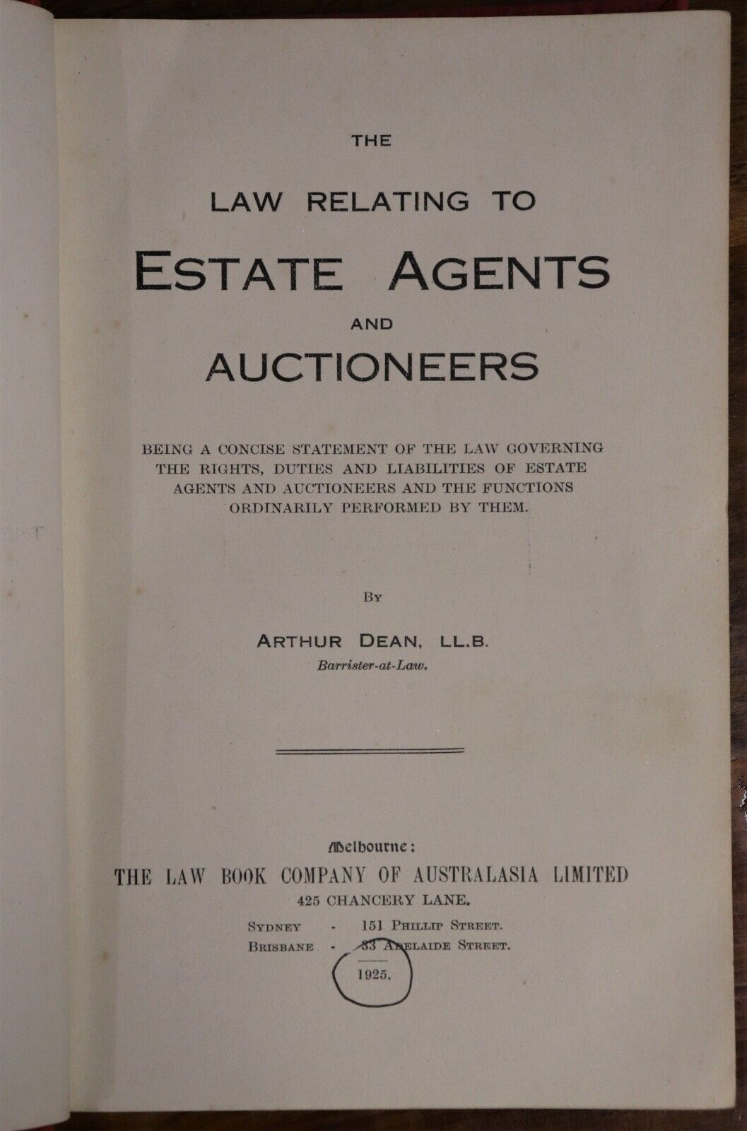 1925 The Law Relating To Estate Agents & Auctioneers Australian History Book
