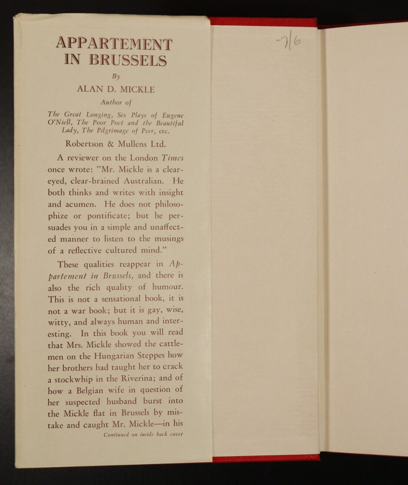 1945 Appartement In Brussels by Alan D Mickle Antique Australian Literature Book - 0