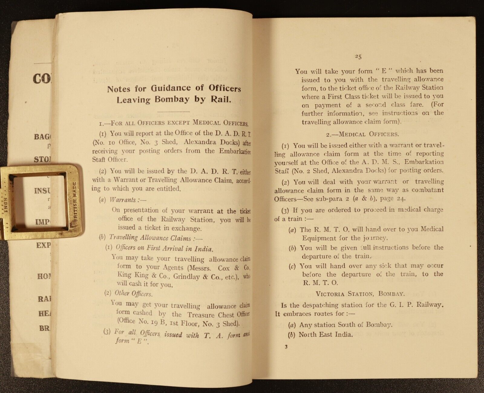 1918 Handbook For Officers Arriving In Bombay Antique British Military Book WW1