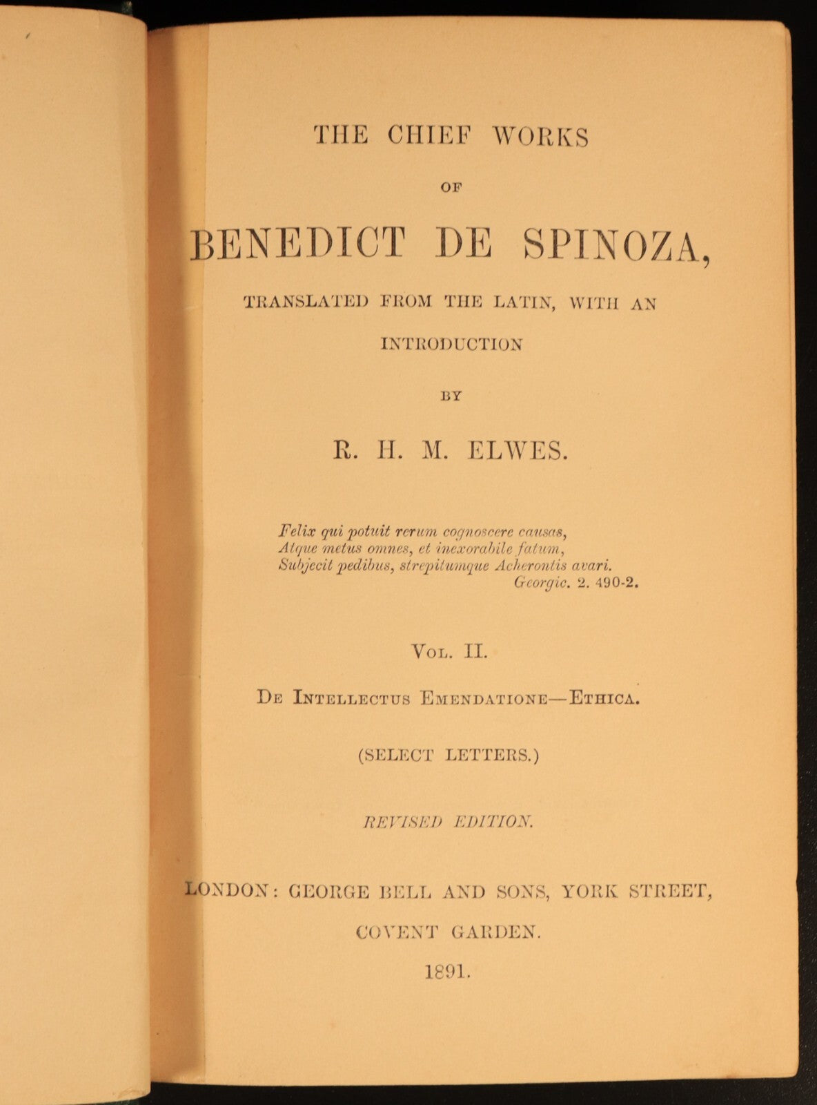 1891 Chief Works Of Benedict De Spinoza Antique British Philosophy Book 2vol